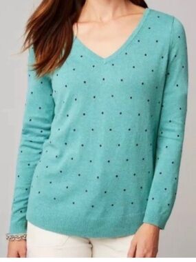J. Jill Teal V Neck Sweater with Navy Polka Dots